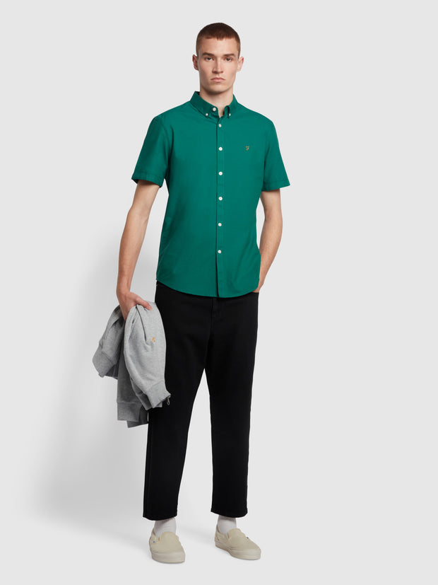 Brewer Slim Fit Short Sleeve Organic Cotton Oxford Shirt In Green Haze