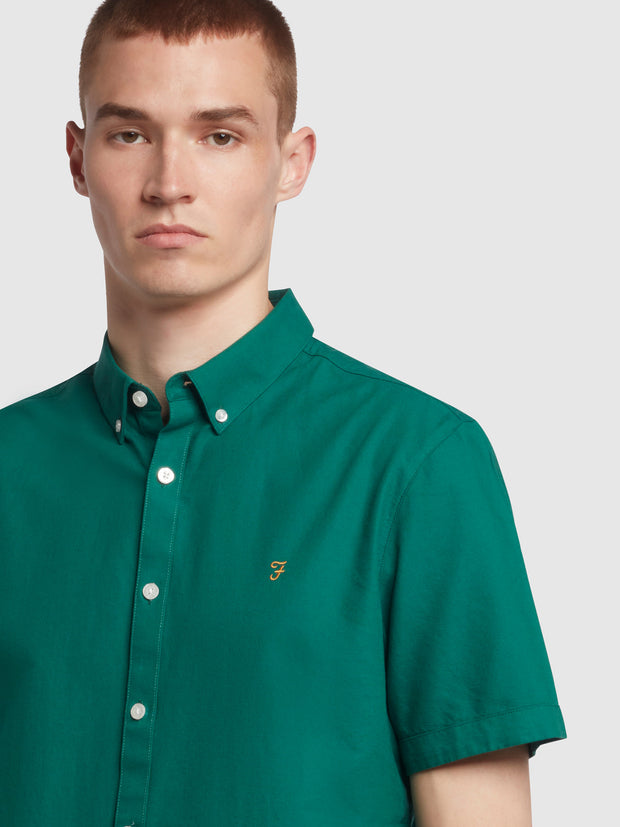 Brewer Slim Fit Short Sleeve Organic Cotton Oxford Shirt In Green Haze